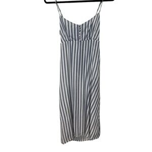 Lush Striped Slate Blue & White Midi Dress w/ Side Zip, Bow & Spaghetti Straps